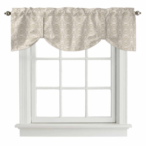 Tie Up Valances for Windows, Beige Damask Adjustable Valance Curtains Window Treatment for Living Room, Vintage Country Scroll Floral Patterned Rod Pocket Kitchen Curtains & Drapes 42x18 Inch