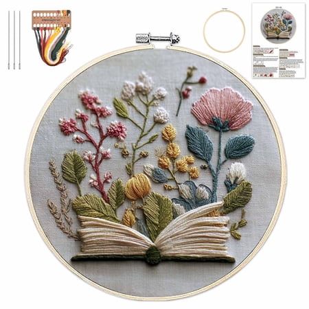 Embroidery Kit for Beginners Flower Book Pre-Stamped Pattern Kits for Adults with Hoop Cross Stitch Easy to Follow Color Thread Needlework for Wall Decor and Handmade Gifts (C)