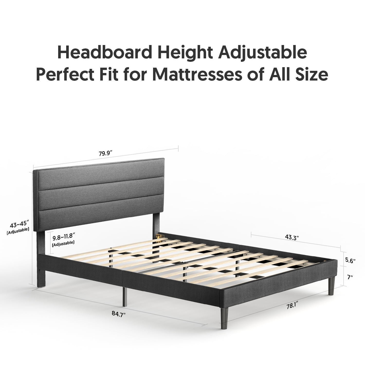 King Size Bed Frame Modern Horizontal Panel Upholstered Low Profile Platform with Tufted Headboard/No Box Spring Needed/No Bed Skirt Needed/Linen Fabric Upholstery, Grey