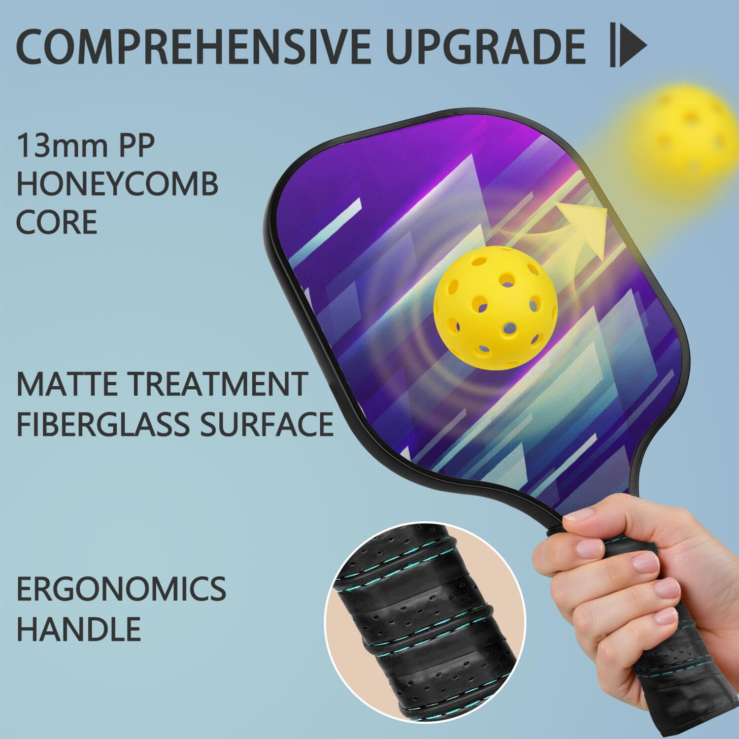 Pickleball Paddles Set Of 1, Fiberglass Surface, Speed, Lightning, Thunder Print, 1 Paddle, 2 Balls & Bag