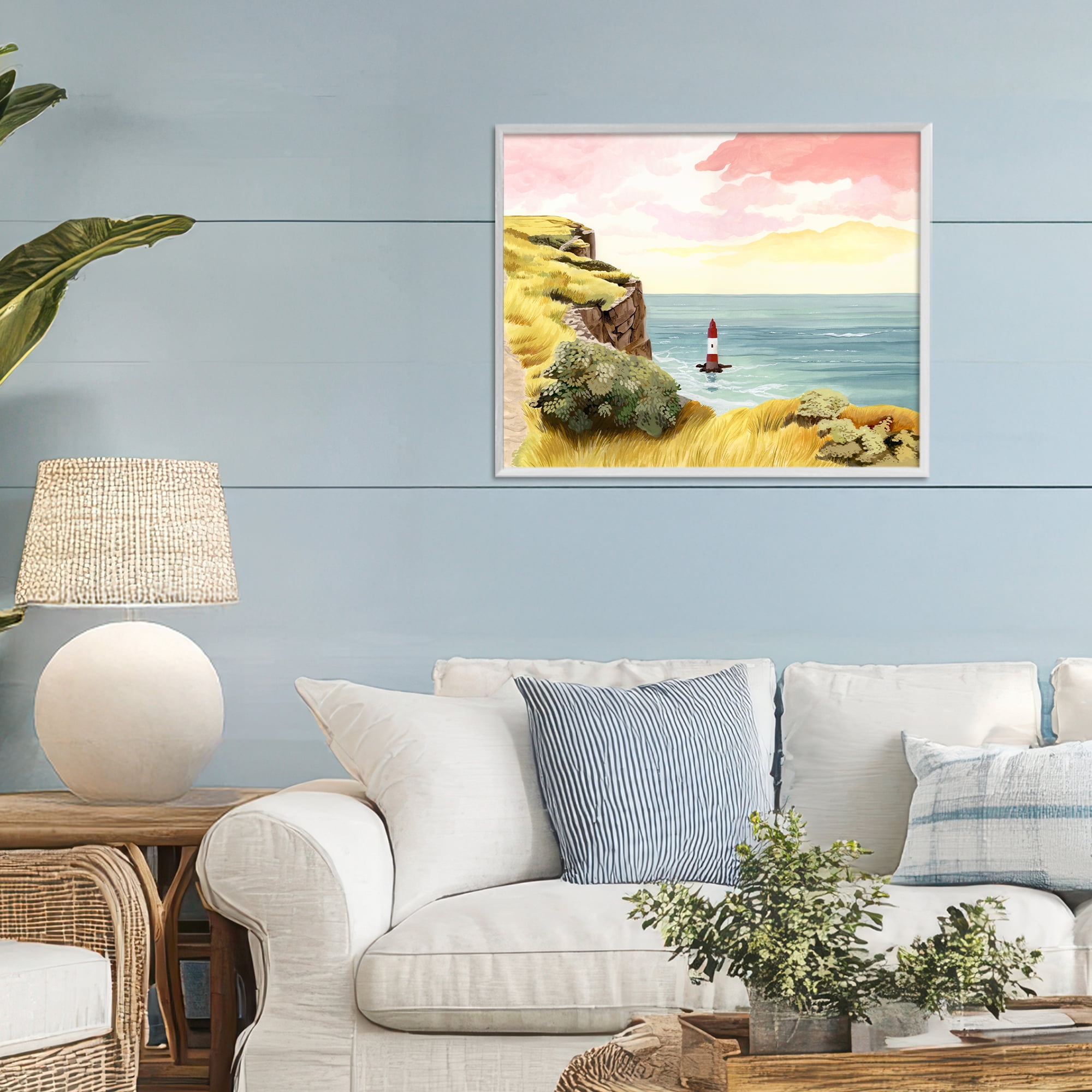 Beachy Head Lone Lighthouse White Framed Giclee Art, design by Courtney Haley
