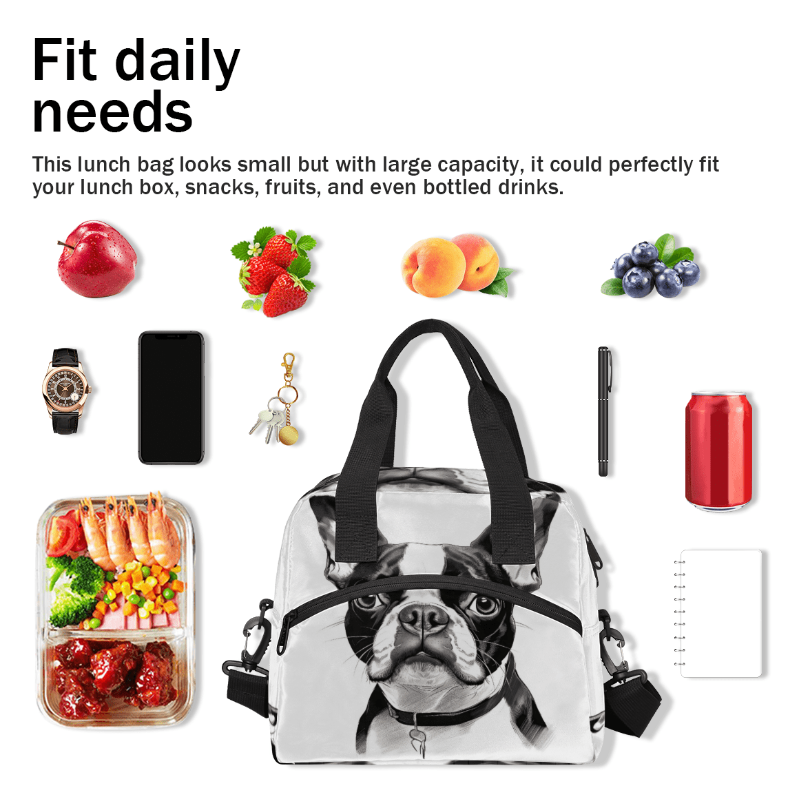 Herdesigns Bostonterrier Dog Insulated Lunch Bag for Women Men Adults Large Reusable Lunch Box Leakproof Portable Cooler Tote Bags with Adjustable Shoulder Strap