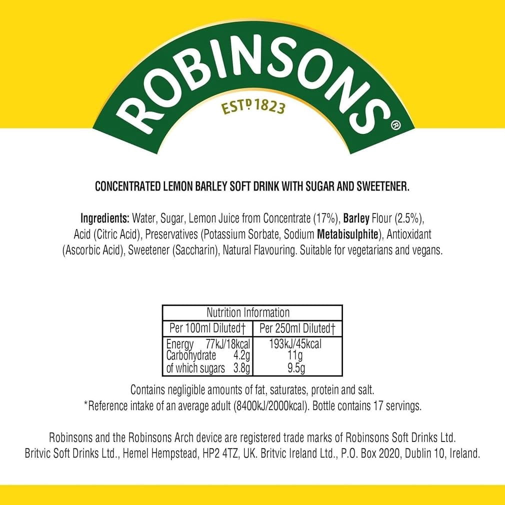 Robinsons Lemon Barley Water Fruit Drink Bottle 850 ml (Pack of 8)