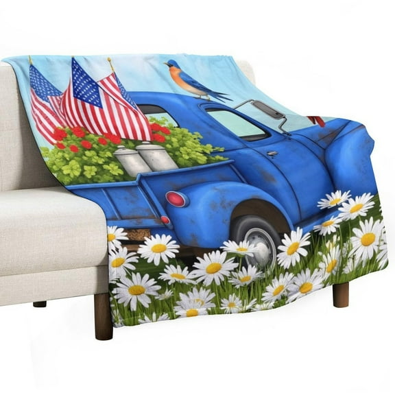 Blue Truck with Flags And Flowers Blanket Soft Throw Warm Lightweight Plush Blanket for Couch Bed Sofa