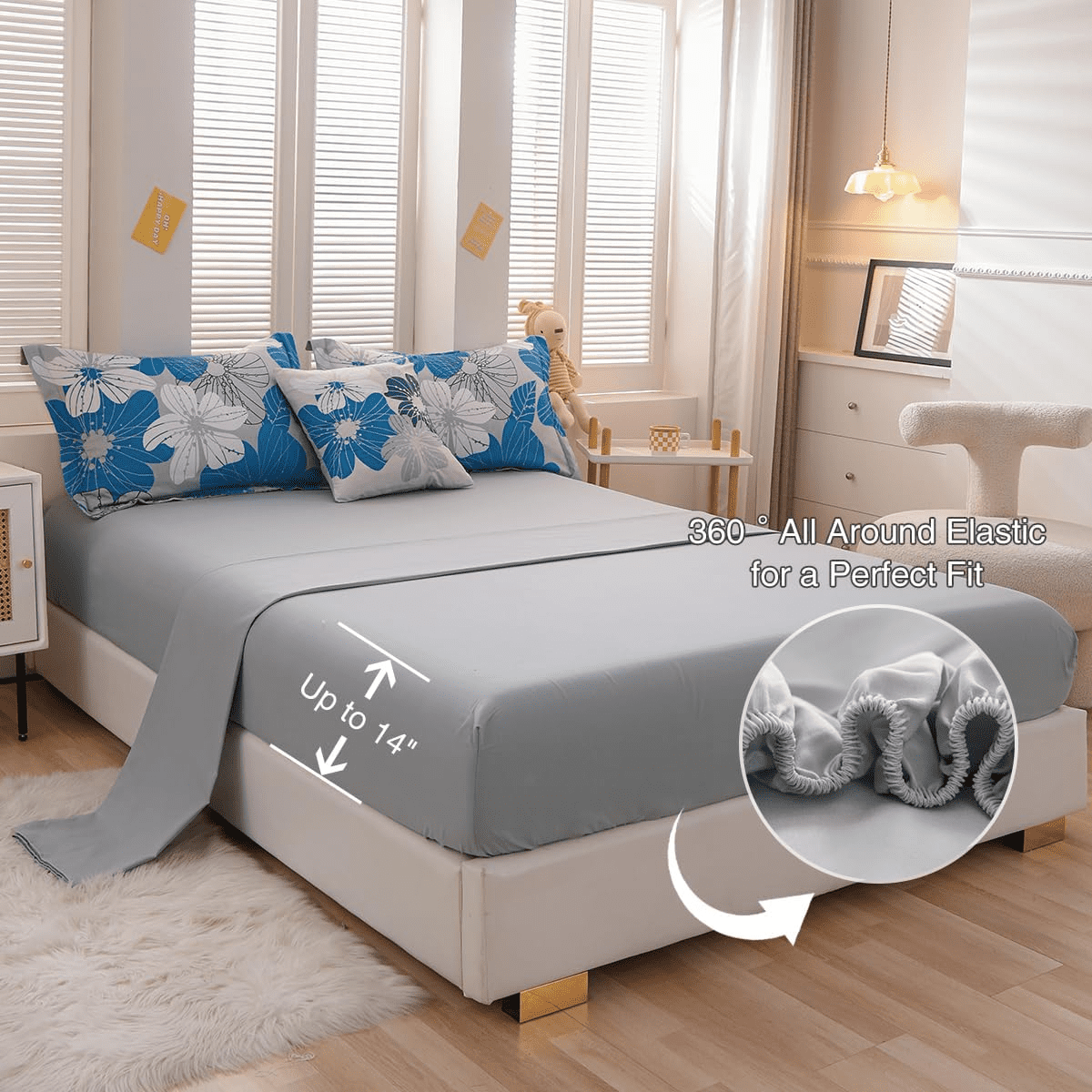 Btargot 6PCS Bed-in-a-Bag Queen Blue Flower Comforter Set Adult Soft Botanical Boho Bedding Set