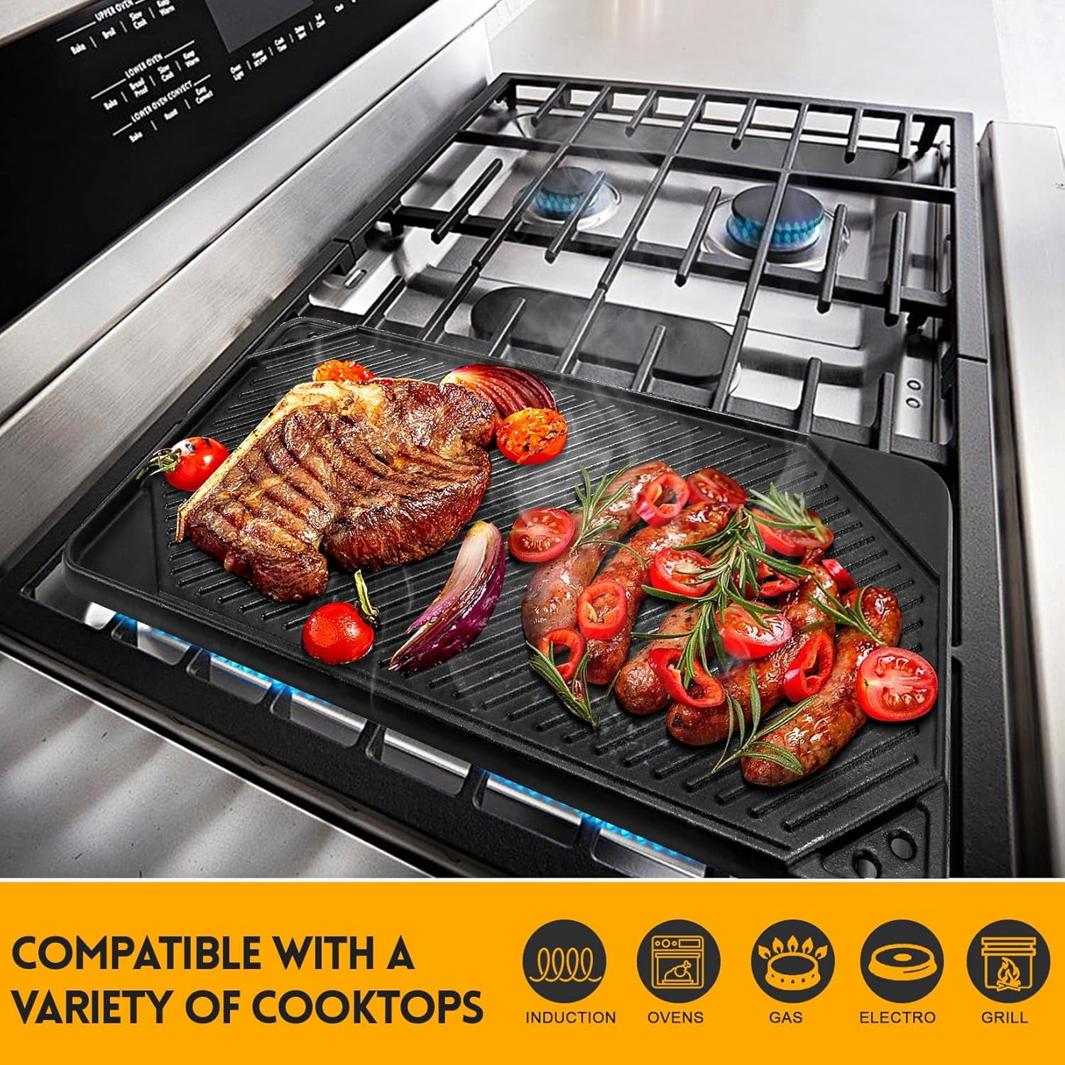 Cast Iron Reversible Griddle, Double-sided Flat Ribbed Pan for Indoor Outdoor Stove Grill Camping Cooking