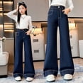 thumbnail image 3 of XIMIN Kid Girls Baggy Flared Jeans High-Waisted Wide-Legged Versatile and Thin Draping Drag Pants Elastic Waist Solid Streetwear Casual Denim Pants Straight Leg Loose Fit Trousers, 3 of 8