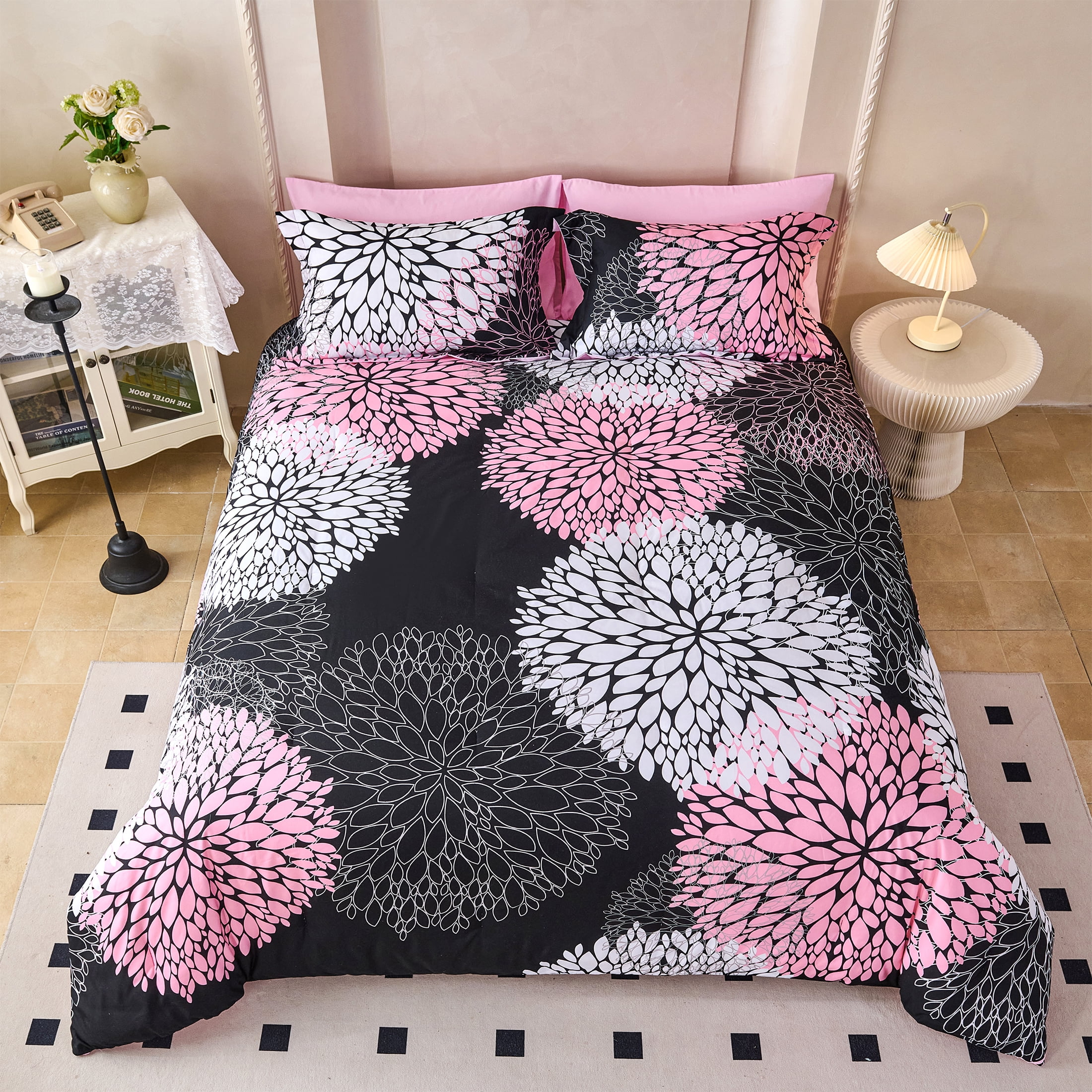 Koniroom 8 Pieces Black and Pink Floral Comforter Set Queen Size, Cute Flower Bed in a Bag with Sheets, Pillowcases, Shams, and Decorative Pillow Cover for Teen Girls and Women