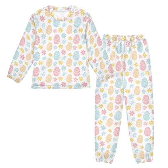 Kids Plush Pajamas Set Warm Loose-Fit Long Sleeve Pajama Top and Pants Set Macaron-colored Easter Egg X-Small