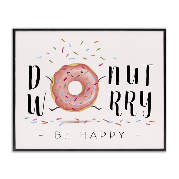 Stupell Industries Eclectic Donut Worry Happy Pink Cartoon Word Design Black Framed Giclee Art, 14 x 11, by Ziwei Li
