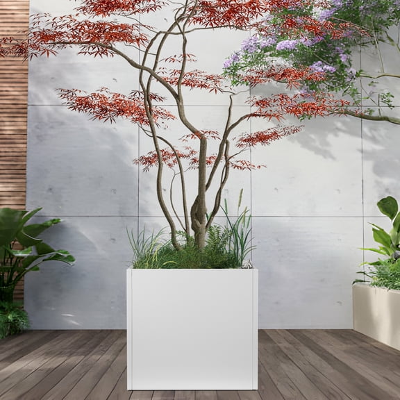 32" Square Planter Box with Drainage Holes for Outdoor Plants Garden Pot Galvanized Tall Flower Metal Steel Heavy Duty for Yard Patio Deck Hotel Front Porch Large Container Decorative, White