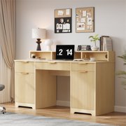 Yeahumalia 59" Executive Fluted Desk with Power Outlet, 3 Drawers & 2 Cabinets, Wood Color