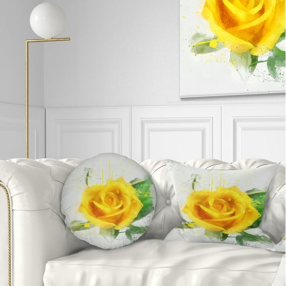 Designart Yellow Rose with Green Leaves Sketch - Floral Throw Pillow - 12x20