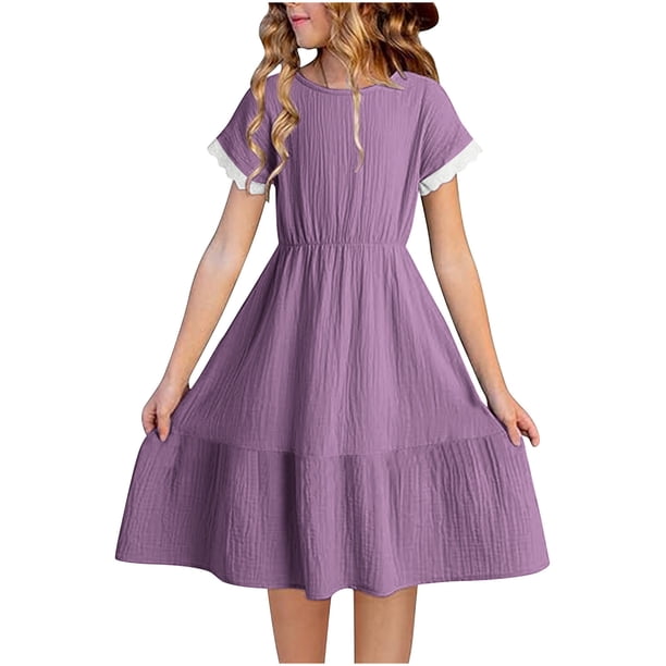 Odeerbi Niñas Verano Algodón Lino Vestidos Tiered Niños Color Sólido Cuello Redondo Manga Corta Vestido de Encaje Empalmado