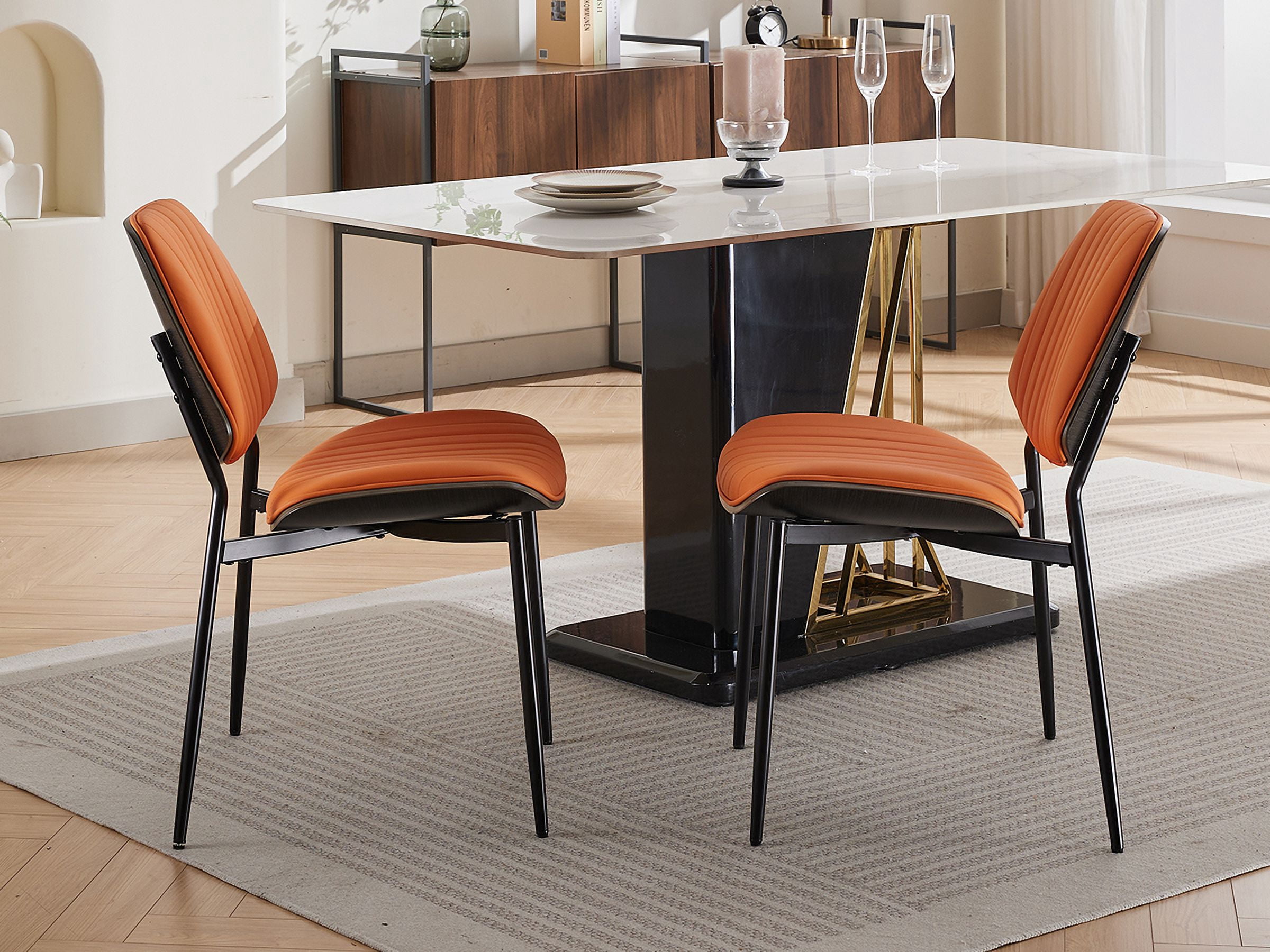 Mid Century Modern Dining Chairs Set of 6, Orange Kitchen & Dining Room Chairs Set of 6, Upholstered PU Leather Kitchen Chairs for Dining Table, Sillas de Comedor, Metal Legs, Walnut Back (Orange)