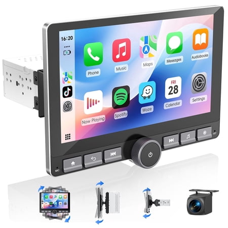 Haudio 10.1" Single Din 360° Rotatable Car Stereo with Wireless CarPlay & Android Auto, GPS Navigation, 48-Band DSP, Includes Backup Camera