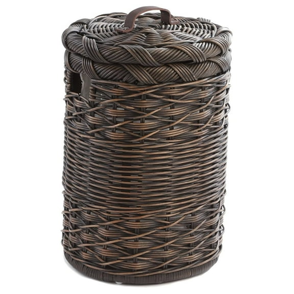 Round Wicker Hamper, 15"Dia x 22"H - Antique Walnut Brown Storage Basket - Small Rattan Laundry Basket with Lid & Liner for Bedroom, Nursery, Bathroom