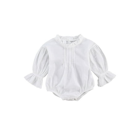 

Liliz Girl’s Lace Romper Long Puff Sleeve Ruffled Neckline Baby Jumpsuit with Back Button Closure