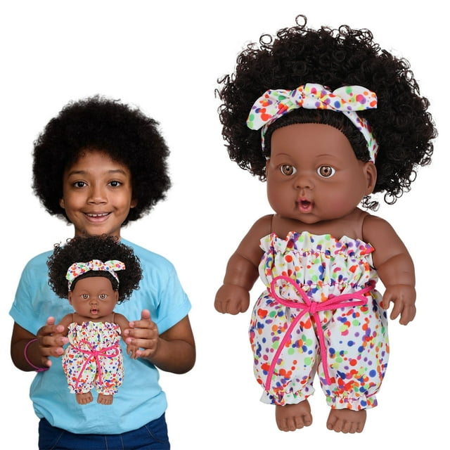 Muñeca bebé negra de 20 cm con pelo rizado para niñas mayores de 3 años | Muñeca de vinilo realista para jugar con la imaginación | Cuerpo suave y extremidades articuladas | Regalo perfecto para be