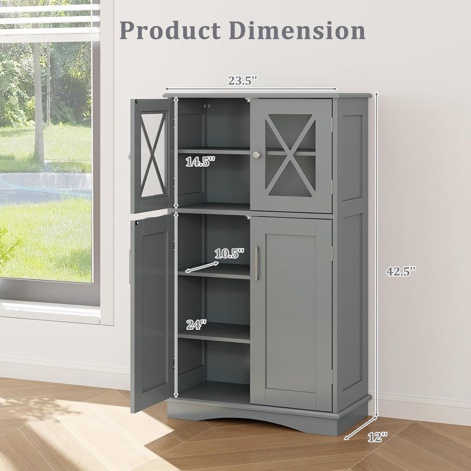 Bathroom Floor Storage Cabinet - Linen Floor Cabinet with Doors and Adjustable Shelves, Freestanding Side Storage Organizer for Bathroom, Living Room, Entryway, Kitchen Storage Unit (Grey)