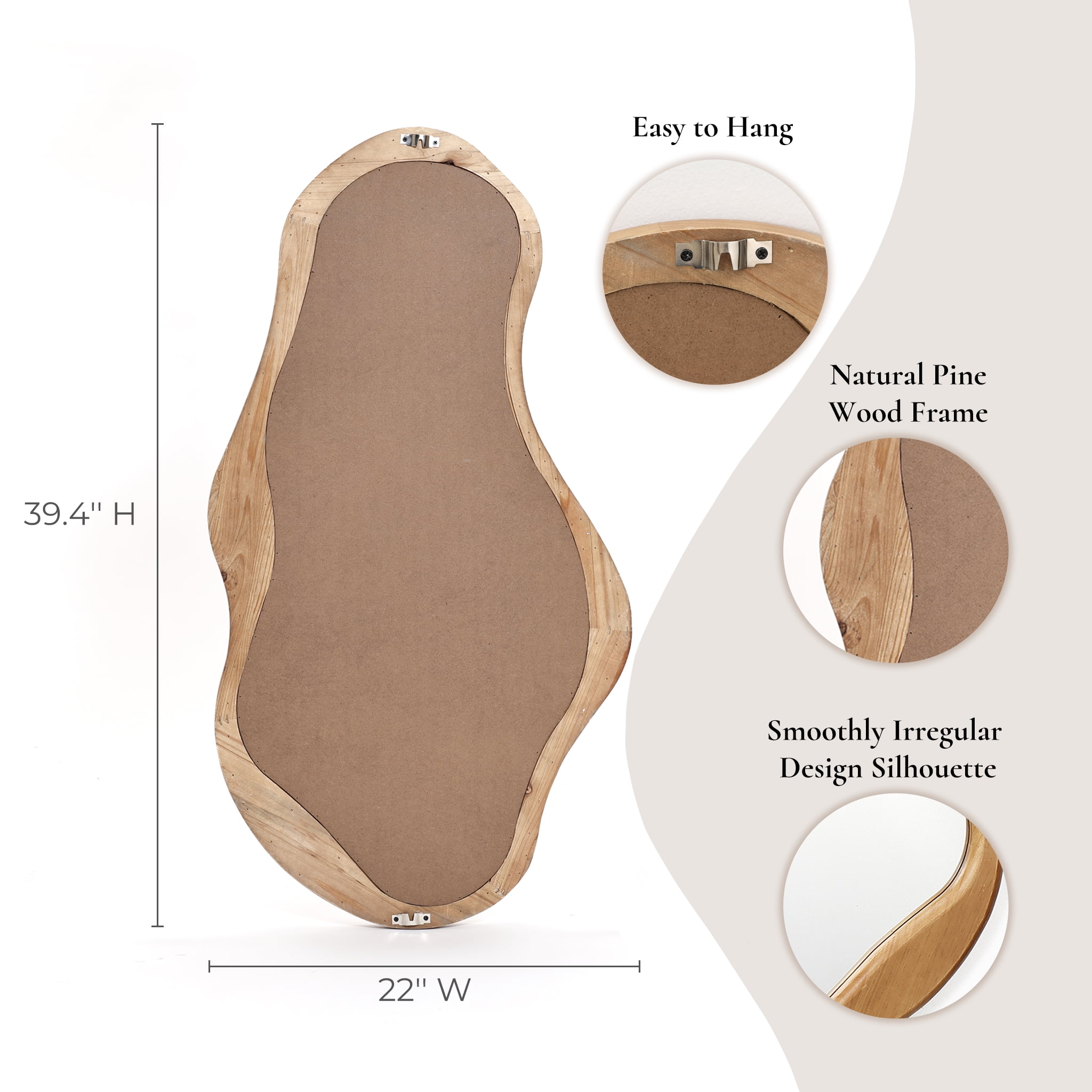 LuxenHome Natural Pine Wood Frame Irregular Oval Wall Mirror Decor Wall Mounted Accent Vanity Mirror