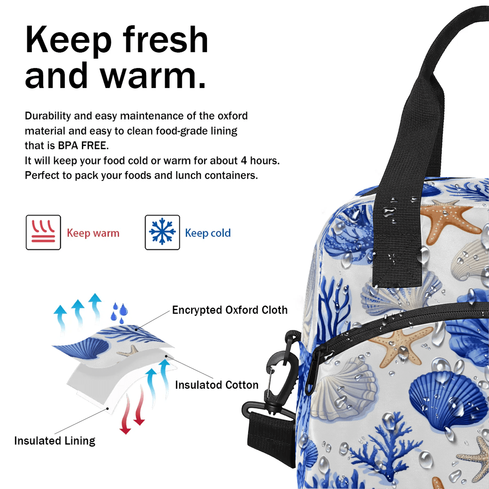 Herdesigns Starfish and Seashells Lunch Bag for Women Men Adult, Nautical Coastal Large Insulated Reusable Lunch Box Leakproof Portable Cooler Tote Bags for Work Picnic Beach