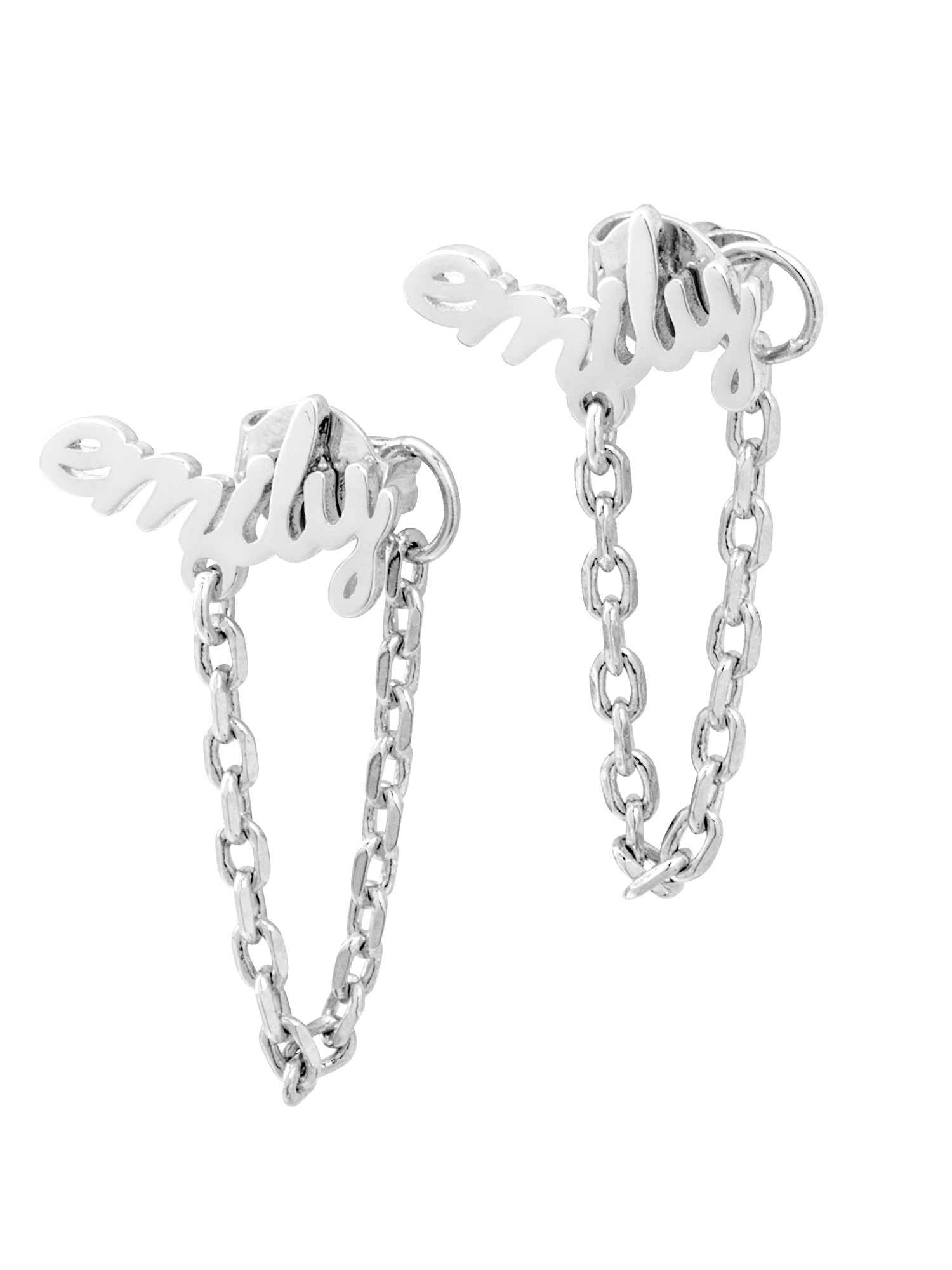 Personalized Planet Sterling Silver Lowercase Script Name Crawler Button with Chain Loop Earring ,Women's
