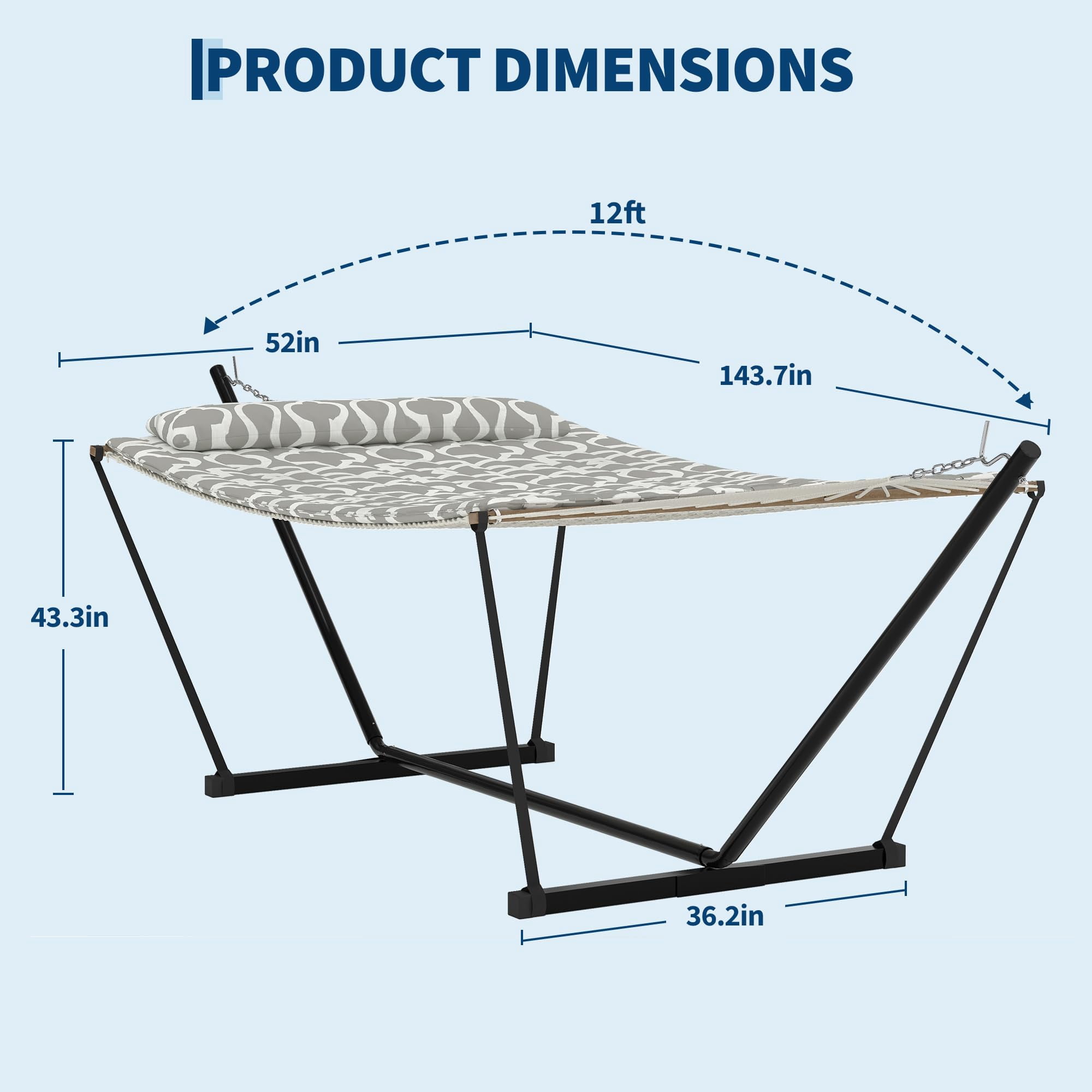 Portable Hammock with Stand & Carry Bag, Heavy Duty 450Lb Capacity, Quilted Polyester & Net Design, for Indoor & Outdoor Use, Light Gray