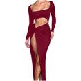 thumbnail image 2 of IROINNID Sexy Dress for Women Strapless Cutout Dress Spring Sexy Solid Dress Slimming Long Sleeve Dress Sales,Burgundy, 2 of 6
