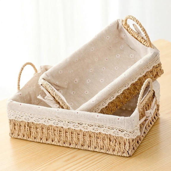 Ngardk Wicker Storage Baskets, Decorative Woven Baskets with Handles & Liners, Boho Paper Rope Serving Baskets, Pack of 2, Beige