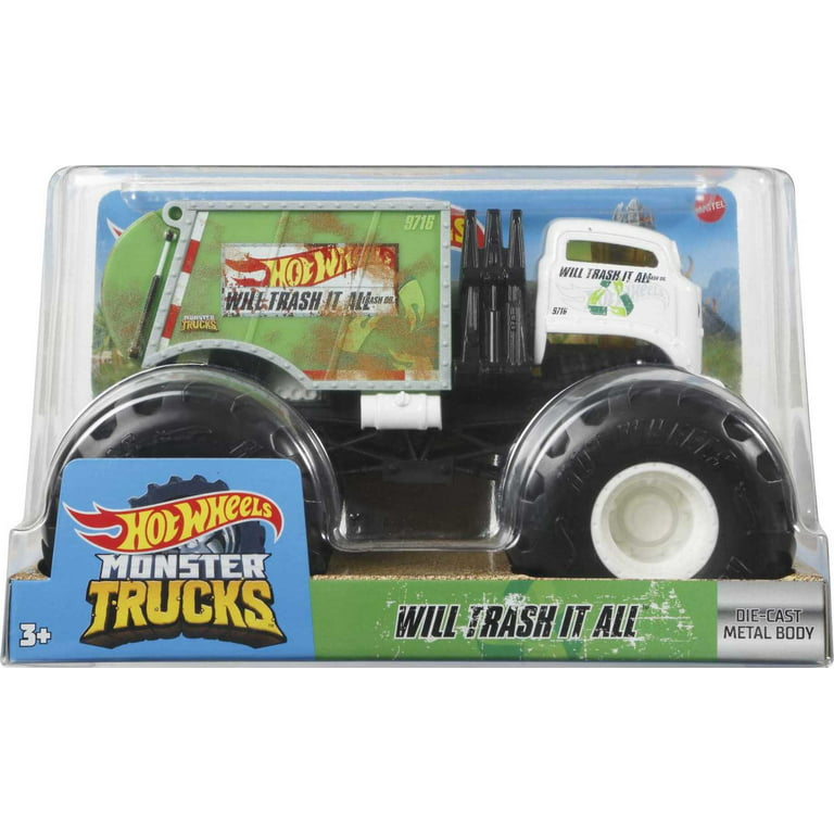  Hot Wheels Monster Trucks Trash It All 1:24 Scale for kids age  3 4 5 6 7 8 years old great gift toy trucks large scales : Toys & Games