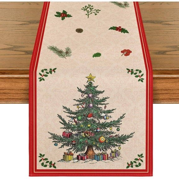 mubwai Xmas Tree Gift 210 GSM Christmas Table Runner, Red Seasonal Winter Kitchen Dining Table Decoration for Home Party Decor 13x72 Inch