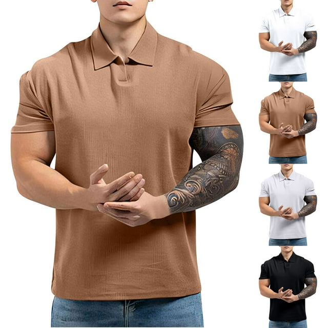 HVOBTTY Mens Summer Soft Versatile Pullover Casual Fashion Comfortable Solid Color Collared Short Sleeve Loose Breathable Daily Base Shirts Khaki, XXXL