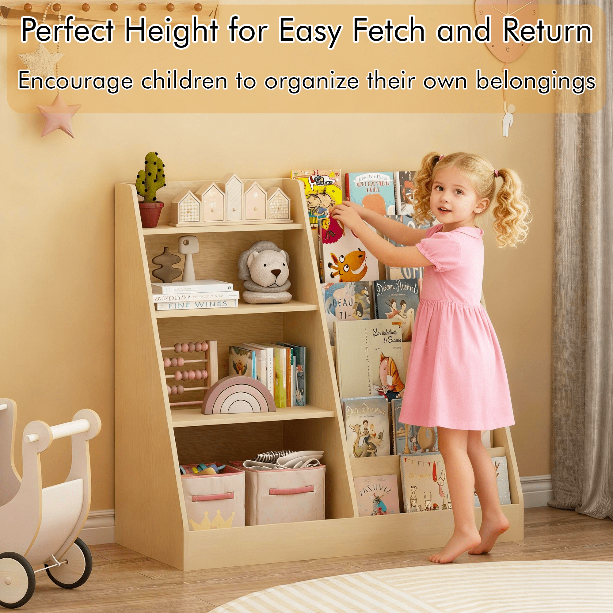 4 Tier Wooden Kids Bookshelf, MDF Multifunctional Bookcase Toy Storage Organizer with Anti-Tip Device, Display Stand for Toddlers, Ideal for Kids Room Playroom Nursery Living Room