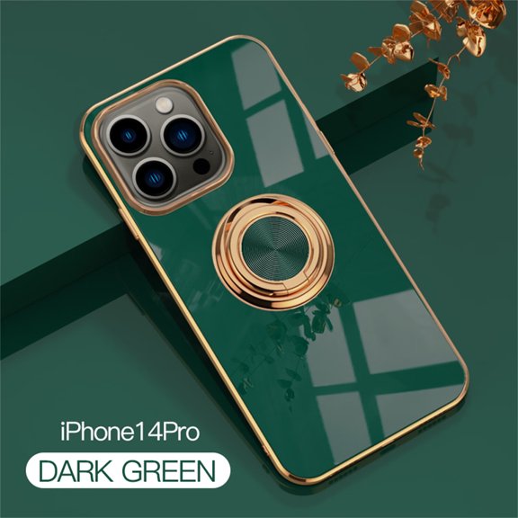Case for iPhone 14 Pro 2022 Release, Soft TPU Shell & Eletric Plating Border Metal Ring/Holder Kickstand Magnetic Car Mount Drop Resistant Shockproof Stylish Case, Darkgreen