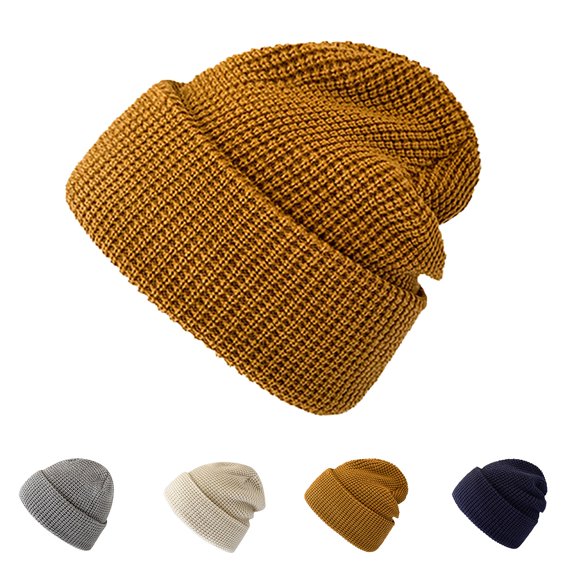 Waffle Knit Beanie - Unisex Cuffed Winter Hat with Textured Weave, Cozy Warm Slouchy Cap for Men and Women-Gray