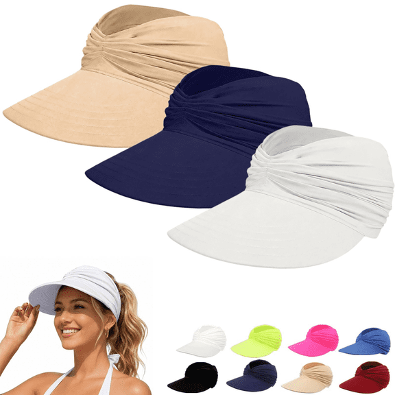 Helii Women Ponytail Sun Hat 3 Pack, Wide Brim Visor Crownless Breathable Elastic Polyester Cap with Twist Detail, Foldable Summer Beach Hat for Travel Running Black,One Size