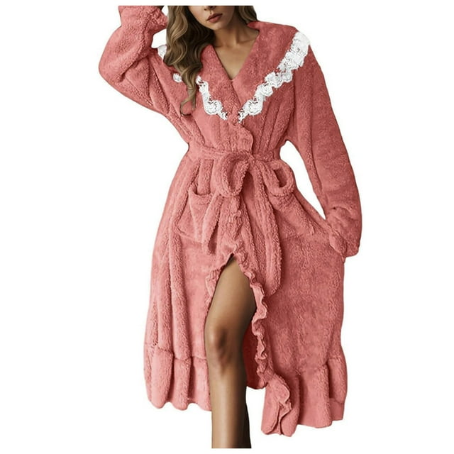 Ccpelsie Womens Robe Plush Fleece Long Bath Robe for Women Fluffy Soft Women's Fall Winter Bathrobe with Pockets(Pink,XL)
