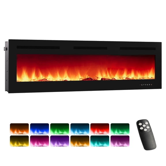 72'' Electric Fireplace, Recessed and Wall Mounted Fireplace with Remote Control, Timer, Touch Screen, Adjustable Flame Color and Brightness, Black