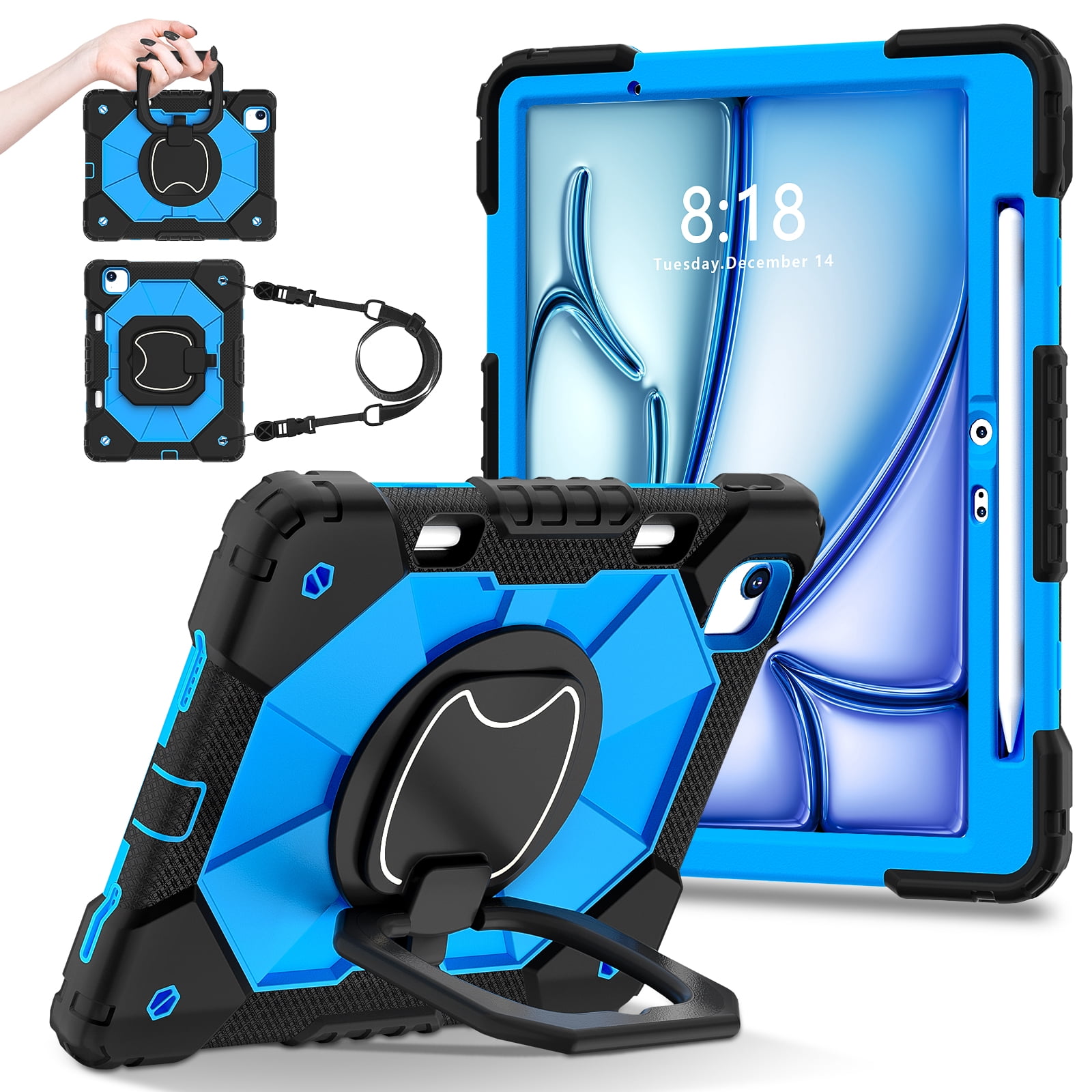 Dteck with Pencil Holder Case for iPad Air 13 inch 2025/2024,Heavy Duty Silicone Case 360 Degree Rotating Handle Stand Cover with Shoulder Strap for iPad Air 13-in. M3/M2,Black+Blue