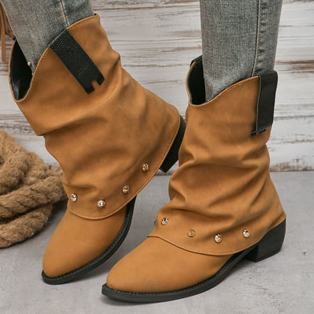 

YOUSNH Large Size Thick Sole Thick Heel Short Boots Women s Boots Autumn and Winter New Retro Denim Short Trouser Boots Slim Cowboy Boots Women s Boots Khaki 9