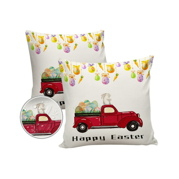 Pack of 2 Outdoor Pillow Covers, Happy Easter Truck Load Rabbit and Eggs Waterproof Square Throw Pillowcase Cushion Decorative Pillow Covers for Couch Patio Tent, 16x16 in