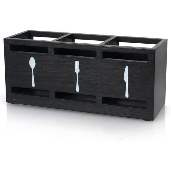 Organizador de cubiertos de madera, pequeño, negro, para encimera, cuchara y tenedor, para fiestas