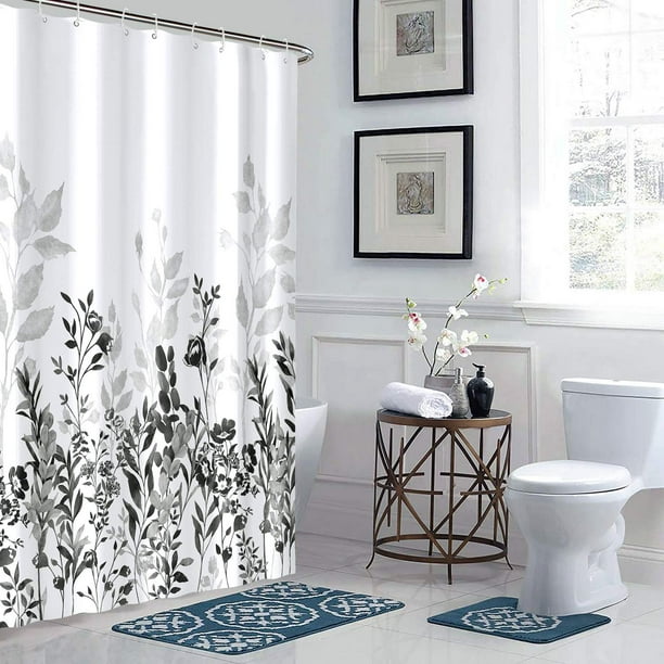Vicyak Black White Floral Fabric Shower Curtain 72x72 Inches - 72 x 72