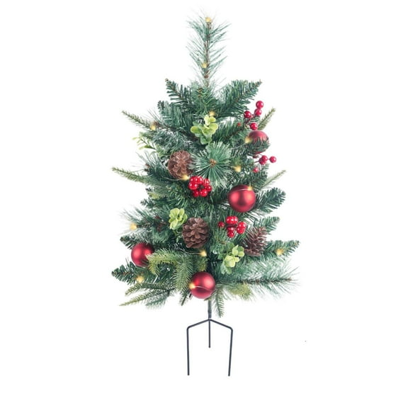 30 Inch Artificial Christmas Tree with LED Lights Battery Operated Outdoor Xmas Tree with Pine Cones Golden Red Berries for Porch Pathway Holiday Decor