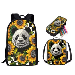 Tutolipy Sunflower Panda Printed Backpack Set with Lunch Box 3 Pcs School Backpack Set for Teen Girls Large Backpack and Lunch Bag Set Sturdy Knapsack with Lunch Box Pencil Case Yellow