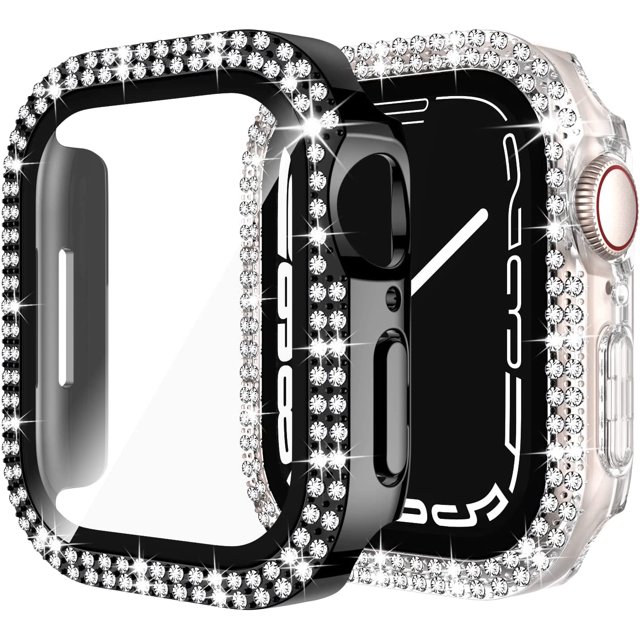 2-Pack Bling Case Compatible for Apple Watch 45mm Series 8/7 with Screen Protector Hard PC Shockproof Crystal Diamond Rhinestone Bumper Full Face Cover for iWatch Women (45mm, Black/Clear)