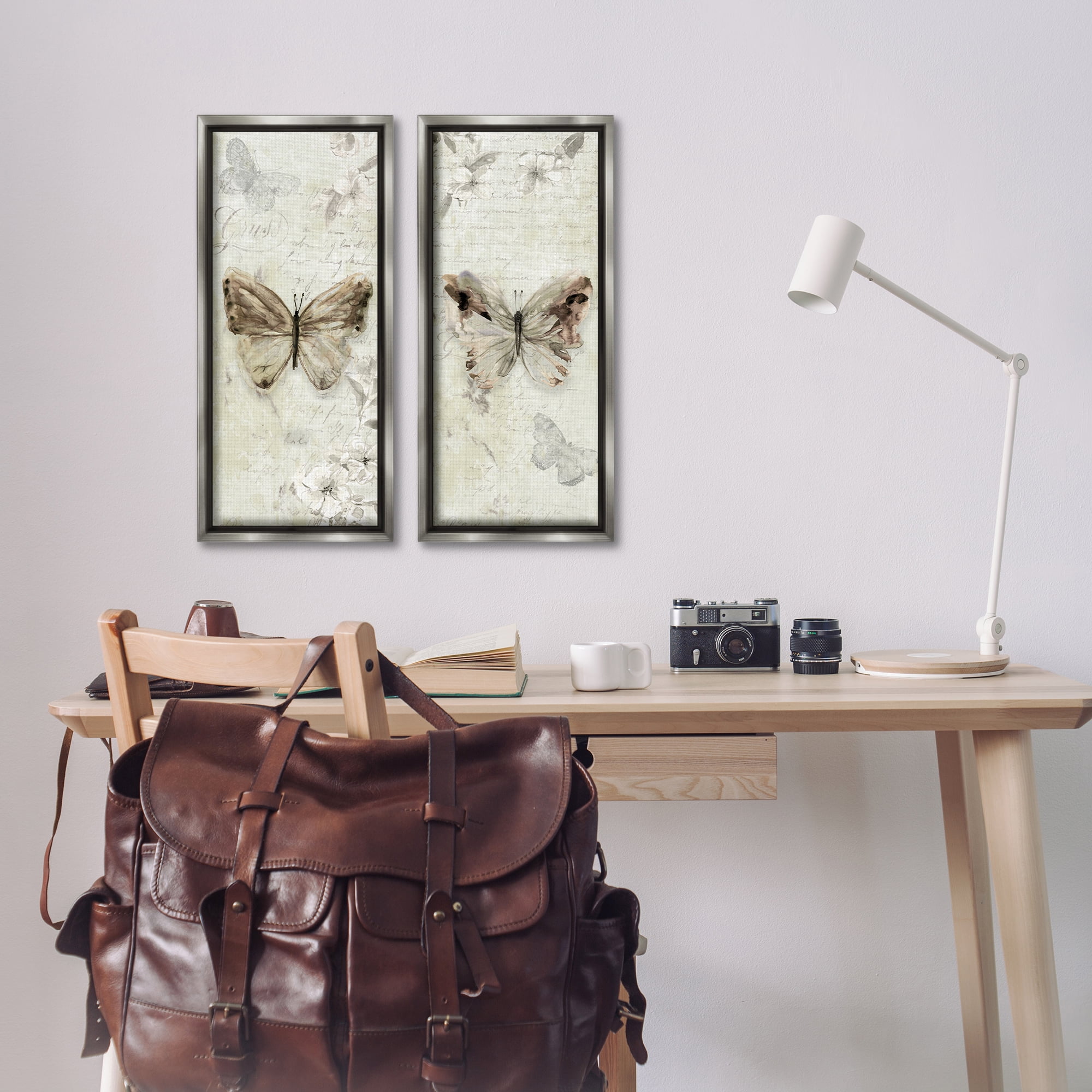 Stupell Industries Vintage Butterfly Scrapbook Page Animals Painting Gray Floater Framed Canvas Art Print Wall Art, 11 x 25, Set of 2
