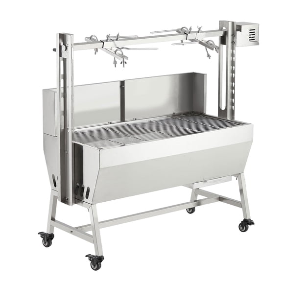 Parrilla Eléctrica Rotisserie de Acero Inoxidable – 60 kg – Motor 52W – Protector contra Viento – Ruedas Bloqueables – Barbacoa Exterior – Camping – Cerdo y Cordero