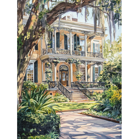Southern Mansion Watercolor Wall Art/Canvas Print, Suitable for Living Room, Bedroom, Dining Room, Foyer, and Office Decor